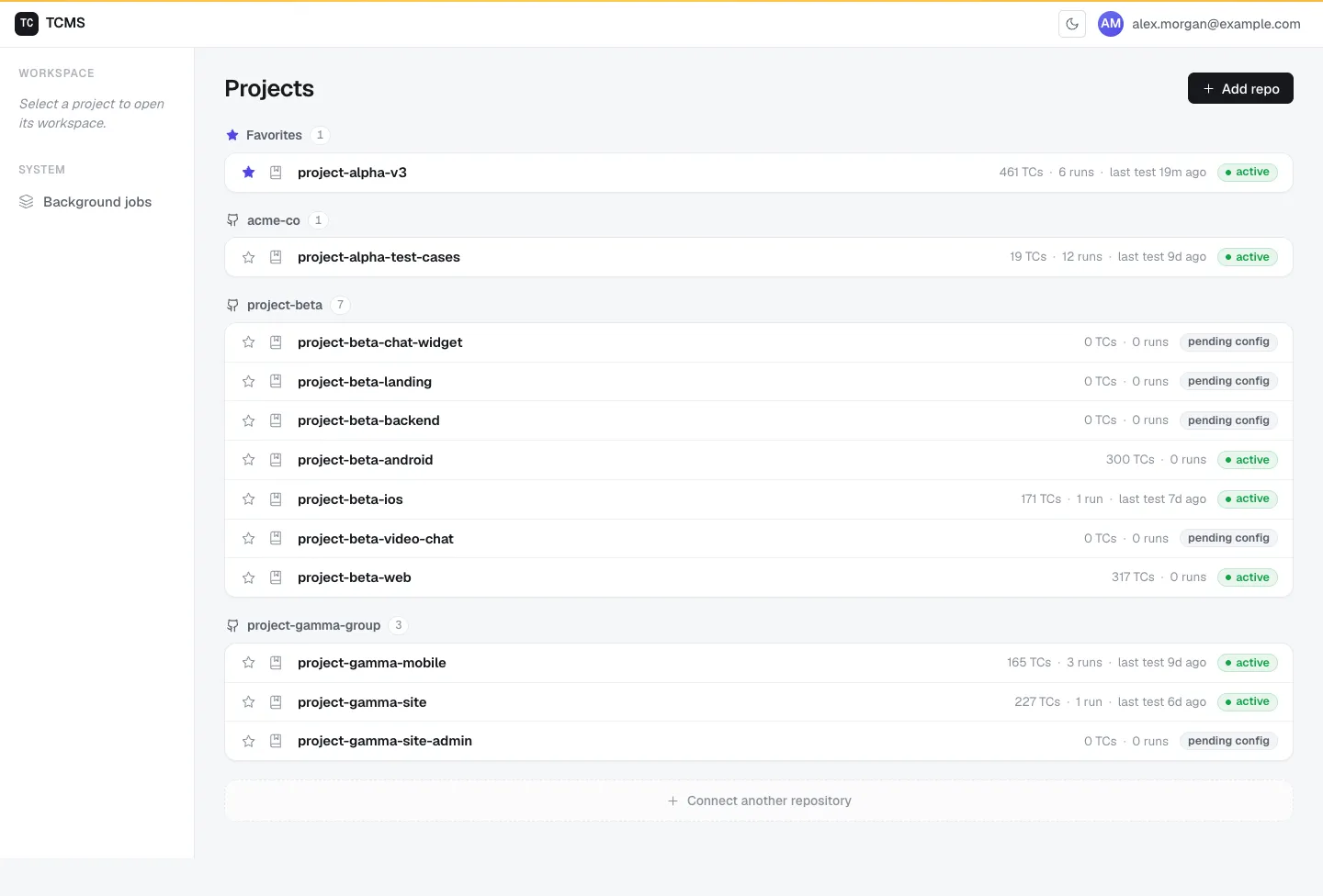 TCMS projects list showing connected repositories with case counts, run counts, and status