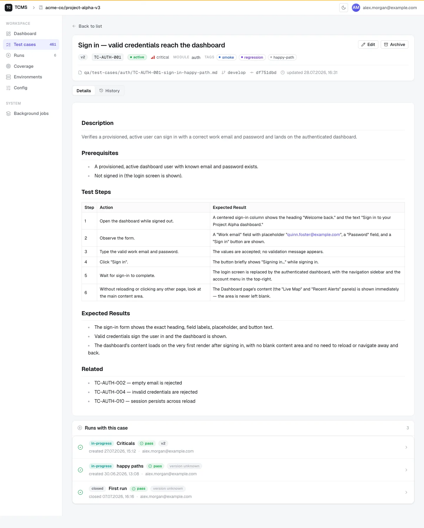 A TCMS test case in detail: description, prerequisites, steps, expected results, and the runs that graded it