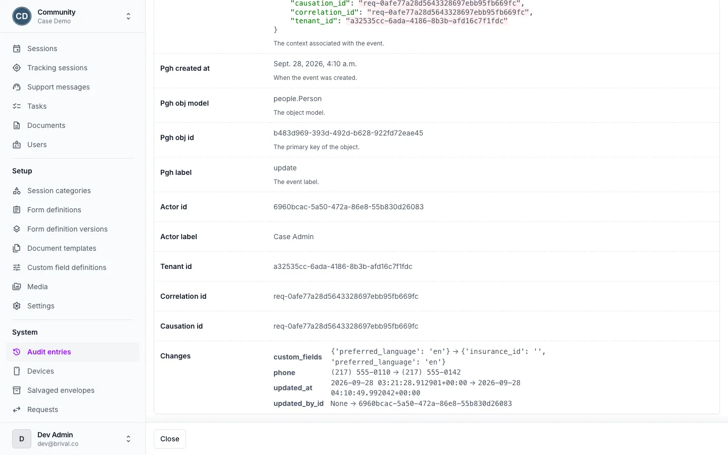 An entry in the audit trail: the person who made the change, the request it came from, and under Changes each field’s old and new value, such as a phone number before and after.
