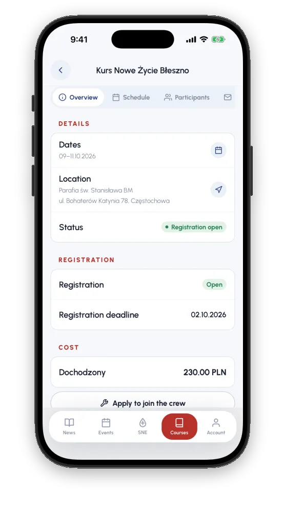 A course page in the app: dates, a parish location in Częstochowa, registration open with its deadline, the price, and a button to apply to join the crew.