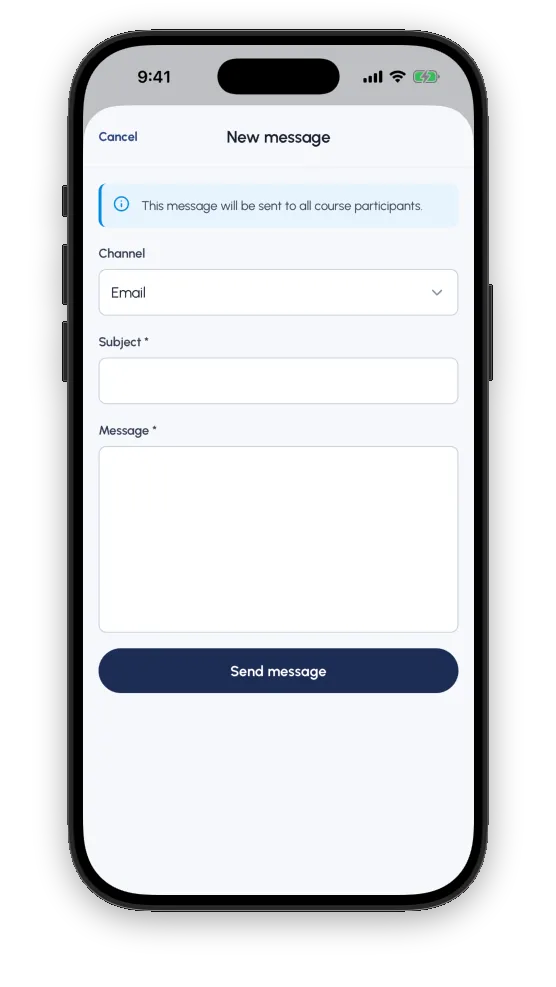 A new message to everyone on a course, with a channel selector set to email, a subject and a message body.