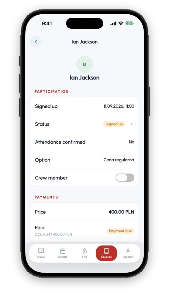 A participant’s record as the course manager sees it: signed up, attendance not yet confirmed, the price option, a crew toggle, and the payment due.