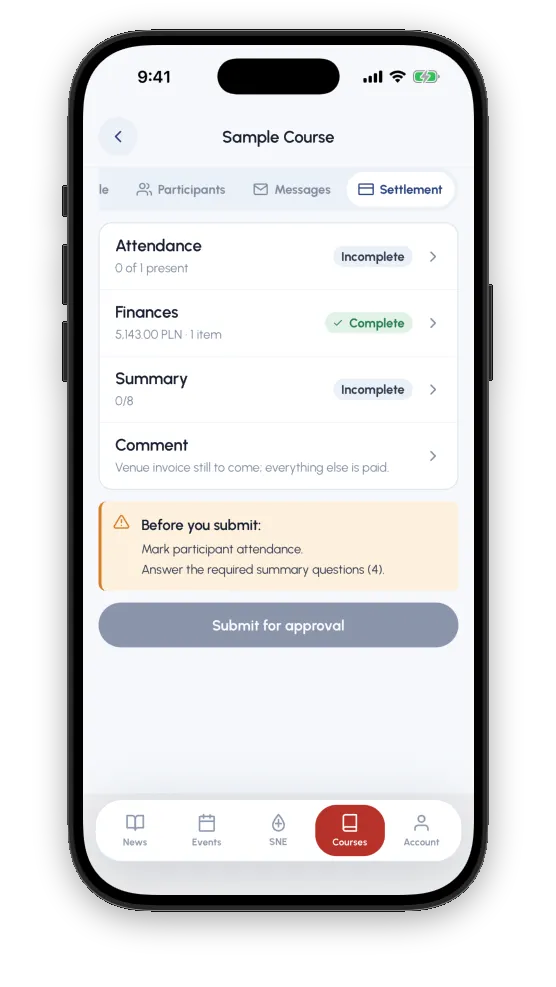 A course’s settlement screen: attendance incomplete, finances complete, summary incomplete, a comment, and a warning listing what must be done before it can be submitted for approval.