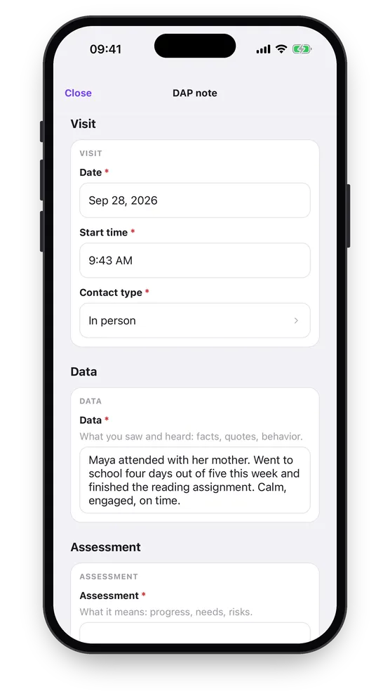 A DAP note being written: the visit’s date and start time already filled in, contact type chosen, and the Data section answered.