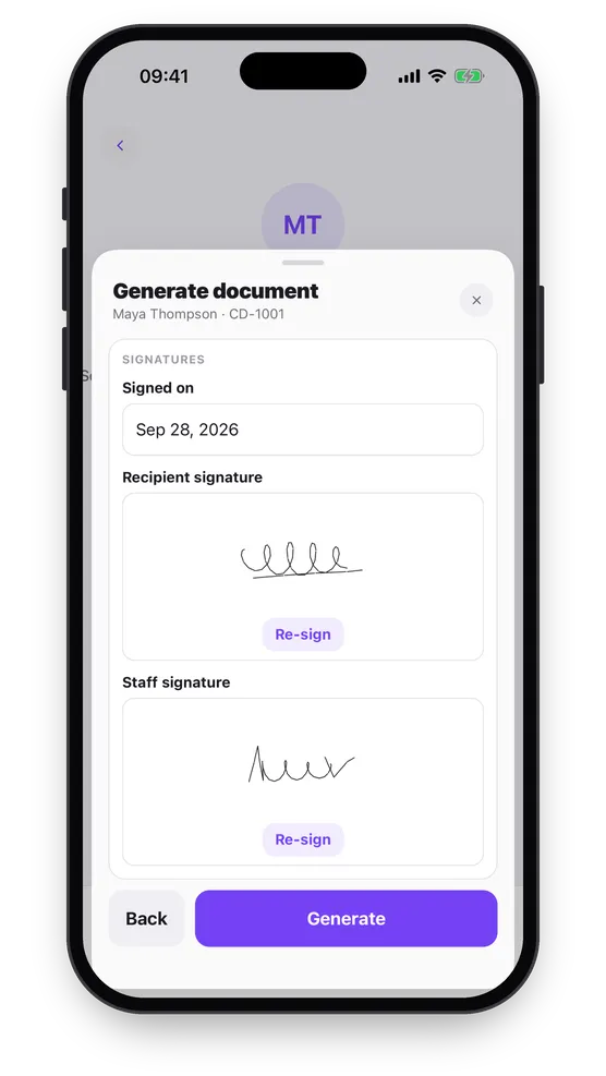 Generating a document on the phone: the date it was signed, a recipient signature and a staff signature, both drawn on the screen, and a Generate button.