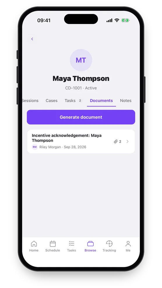The individual’s Documents tab, listing the generated acknowledgement with who generated it and when.