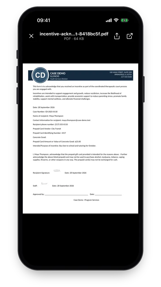 The generated PDF opened on the phone: the acknowledgement filled in with the individual’s details and the answers given, with both signatures printed in it.