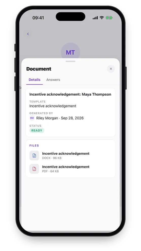 The generated document’s details: its title, template, who generated it and when, status Ready, and its DOCX and PDF files.