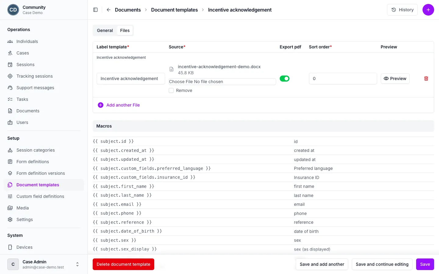 A document template in the manager: the uploaded DOCX, a switch to export it as PDF, a preview button, and below it a panel listing every field the template can use, from the individual’s name and date of birth to the template’s own questions.