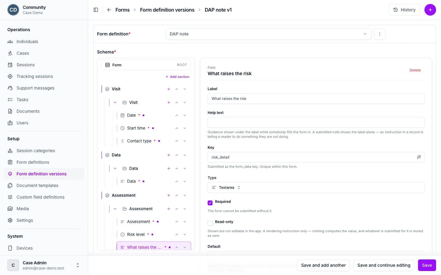The form builder with the DAP note open: its sections and fields in a tree on the left, and the selected field’s label, help text, key, type and rules on the right.
