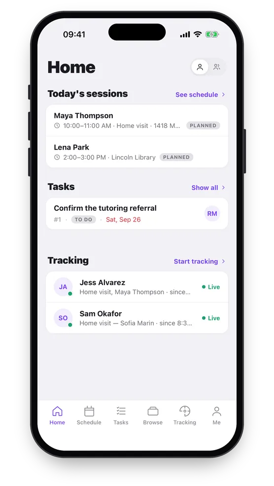 The home screen: today’s sessions, a task, and two colleagues out on visits, each marked Live.