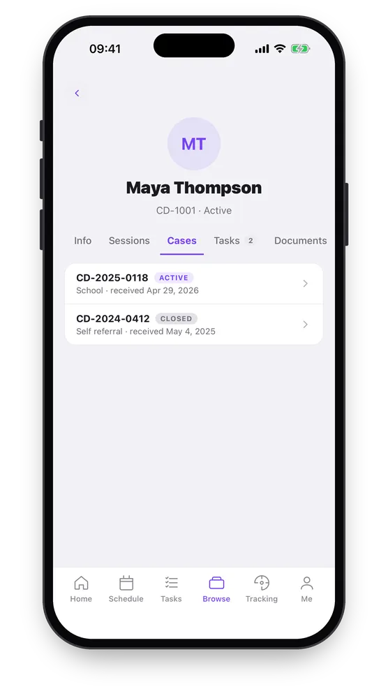 The individual’s Cases tab: two referrals, one active and one closed, each with its source and the date it was received.