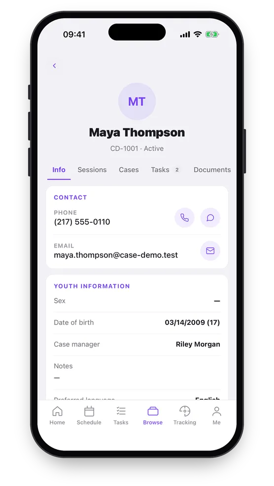 An individual’s record on the phone: name and reference, tabs for sessions, cases, tasks and documents, contact details with call, text and email buttons, date of birth and case manager.