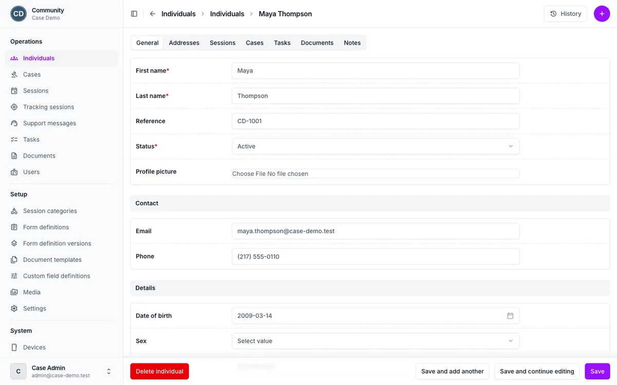An individual’s record in the manager: name, reference, status, contact details and date of birth, with tabs for addresses, sessions, cases, tasks, documents and notes.
