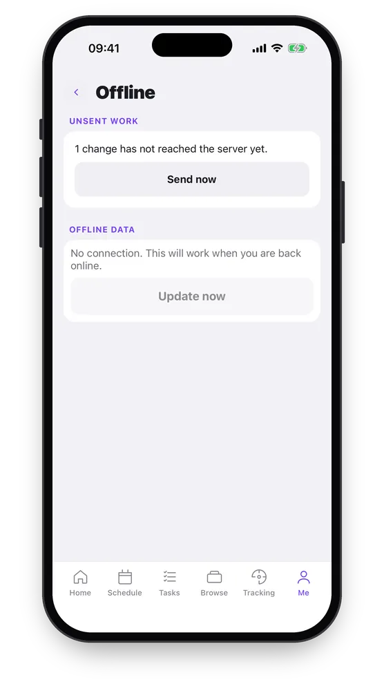 The Offline page: one change that has not reached the server yet, with a Send now button, and offline data waiting for a connection.