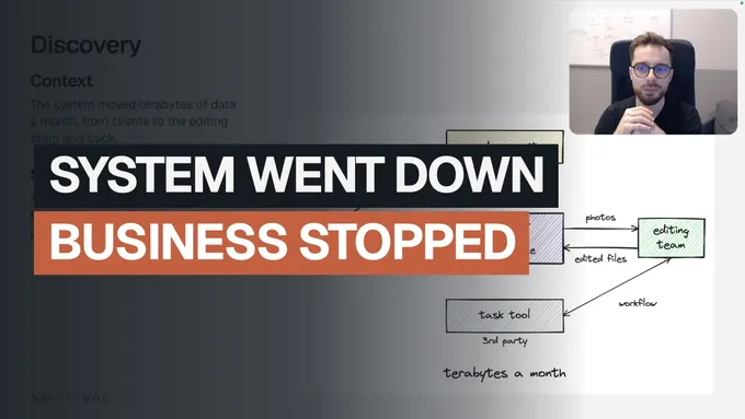 Video thumbnail: Mat Kupczyk on camera next to the caption “System Went Down, Business Stopped”, over a hand-drawn diagram of the system.