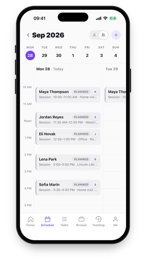 The schedule for the day: five planned sessions on a timeline, each with the individual, time and place, and the initial of the care provider assigned.