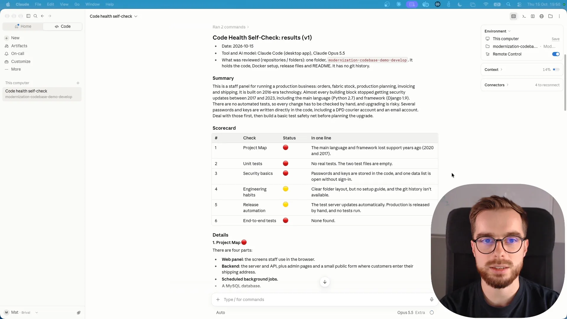 The self-check report in the Claude desktop app, run on a decade-old demo project. Under a short summary, the scorecard lists six checks with a status dot each: Project Map, unit tests, security basics and end-to-end tests are red; engineering habits and release automation are yellow.
