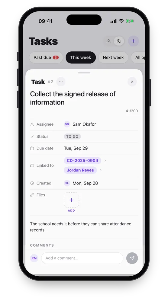A task’s detail: assignee, status, due date, links to a case and an individual, files and a description.