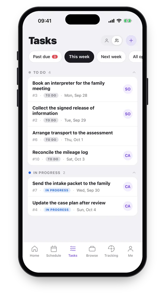 The Tasks tab: filters for past due, this week and next week, and the team’s tasks grouped by status with due dates and assignees.