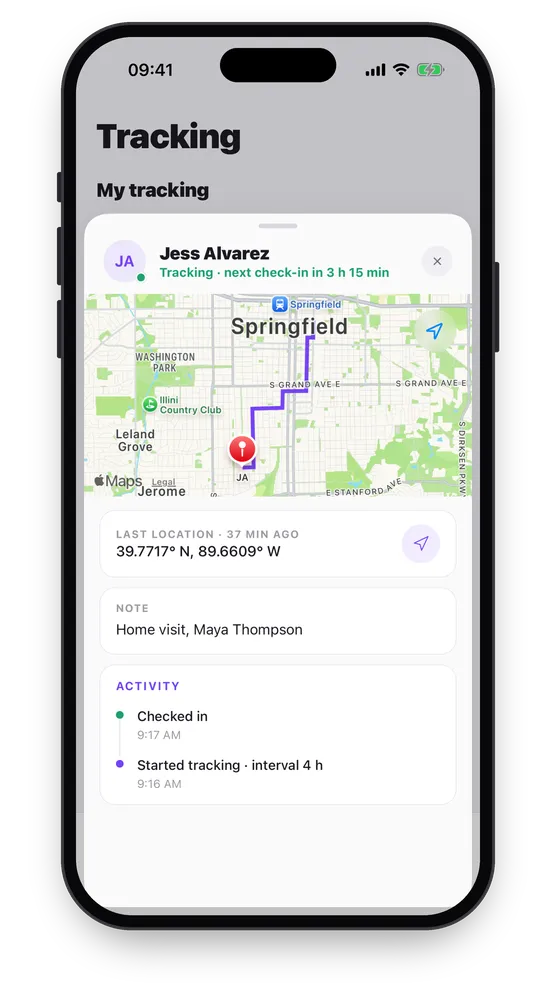 A colleague’s tracking: her route through the streets on a map, her last location, the note for the visit, and when she started and checked in.